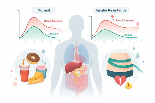 Илюстрация, показваща връзката между инсулинова резистентност и наднормено тегло – силует на човек, хормон инсулин, кръвна захар и храни с нисък гликемичен индекс, представени в чист, медицински стил.