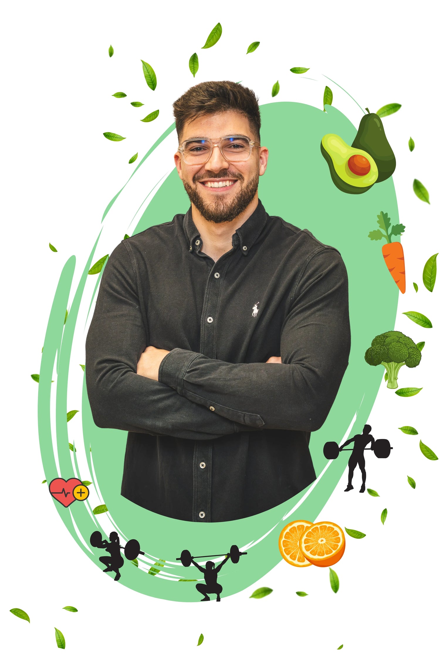 Man in a black shirt with a green background featuring health-related icons